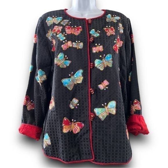 INDIGO Moon Multi Color Butterfly Metallic Thread Sequin Button Up Blazer Size S - Picture 13 of 14